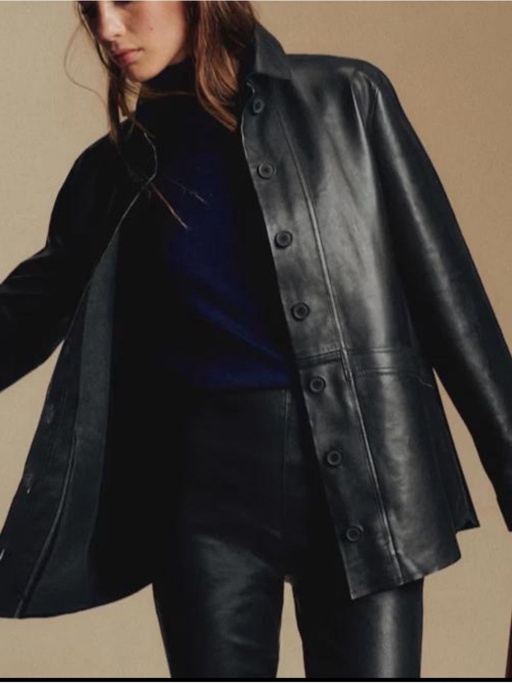 Classic Black Leather Button-Front Jacket - Picture 3 of 4